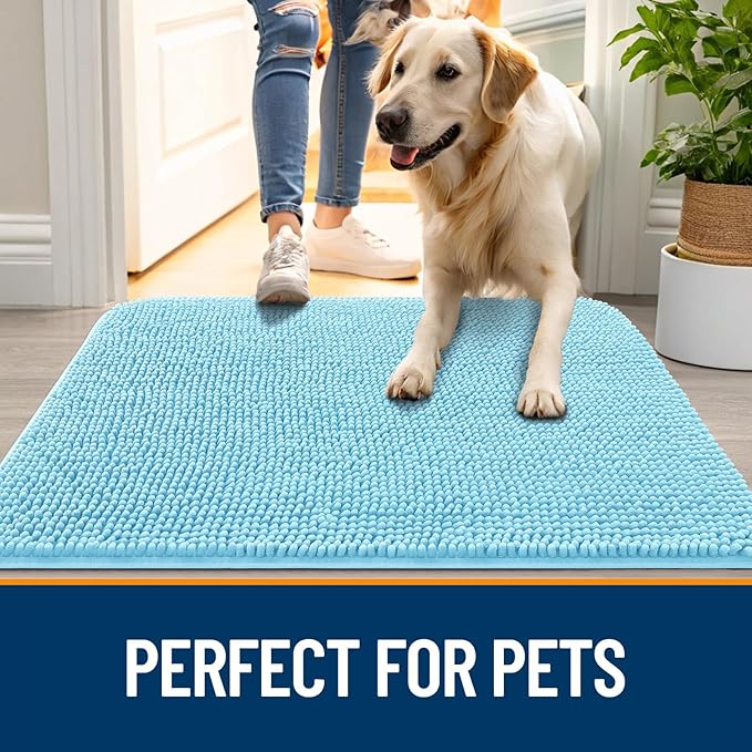 OLANLY Dog Door Mat for Muddy Paws 50x30, Absorbs Moisture and Dirt, Absorbent Non-Slip Washable Doormat, Quick Dry Chenille Mud Mat for Dogs, Entry Indoor Entryway Carpet for Inside Floor, Blue