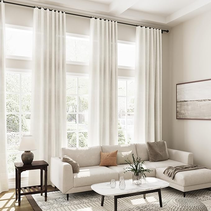 Nanspring Extra Long Curtains 2 Panels 111 Inches Long for Dinning Room Cream Back Tab Rod Pocket Light Filtering Semi Sheer Drapes Cotton Linen Textured Window Curtain for Bedroom 52x111