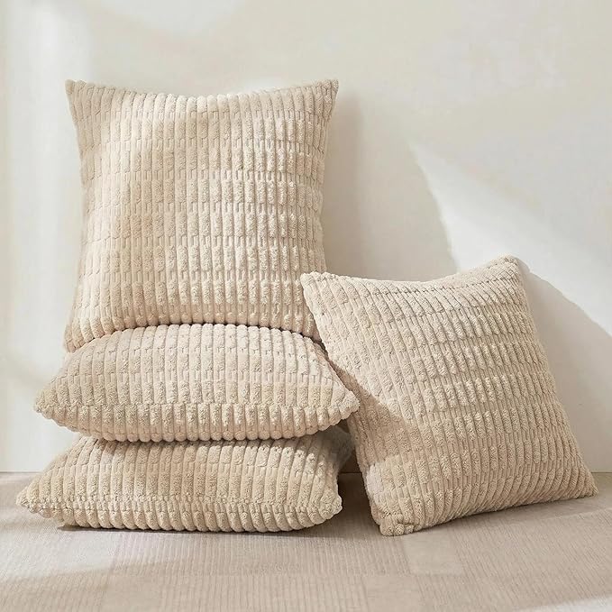 Fancy Homi 4 Packs Tan Decorative Throw Pillow Covers 18x18 Inch for Living Room Couch Bed Sofa, Beige Rustic Farmhouse Boho Home Decor, Soft Plush Striped Corduroy Square Cushion Case 45x45 cm