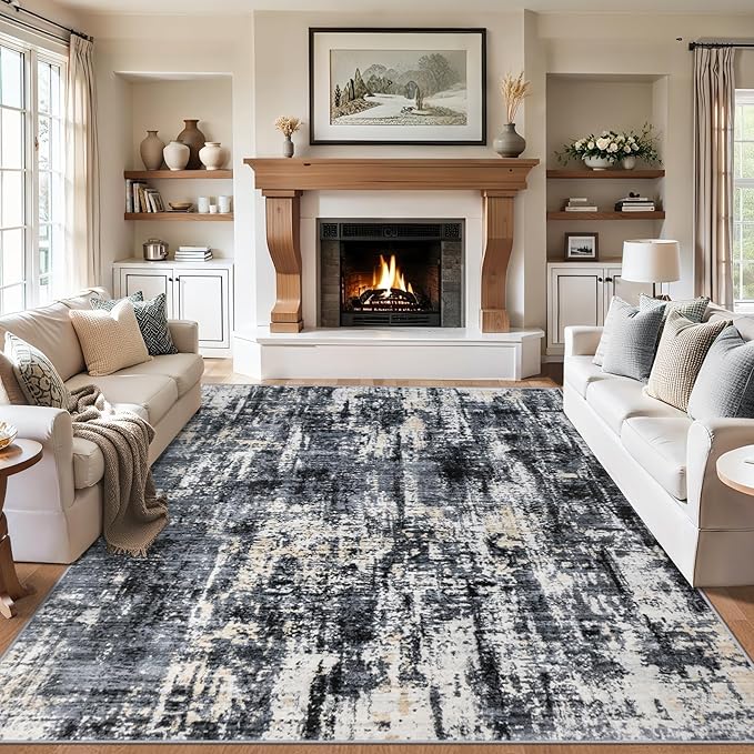 Area Rugs 10x12 Living Room - Washable Rug Modern Abstract Soft Large Neutral Non-Slip Carpet Indoor Floor Thin Carpets for Bedroom Dining Room Farmhouse Nursery Home Office Black Gold