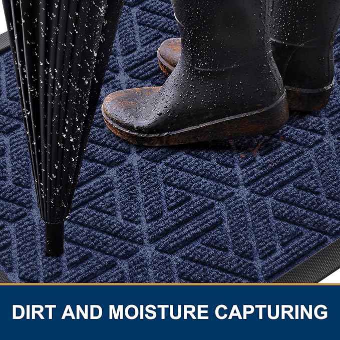 Smiry Front Door Mat Outside Entrance, Heavy Duty Sturdy Natural Rubber Doormat, Trap Dirt and Moisture, Easy Clean Low Profile Mats for Indoor Outdoor Entry, Grid Geometric (35x23, Navy Blue)