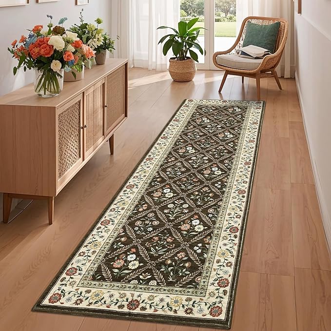 Runner Rug for Hallway Entryway 2.5x8 Farmhouse Floral Non-Slip Machine Washable Kitchen Rug Runner Non-Shedding Low-Pile Soft Long Carpet for Entrance Laundry Room Brown