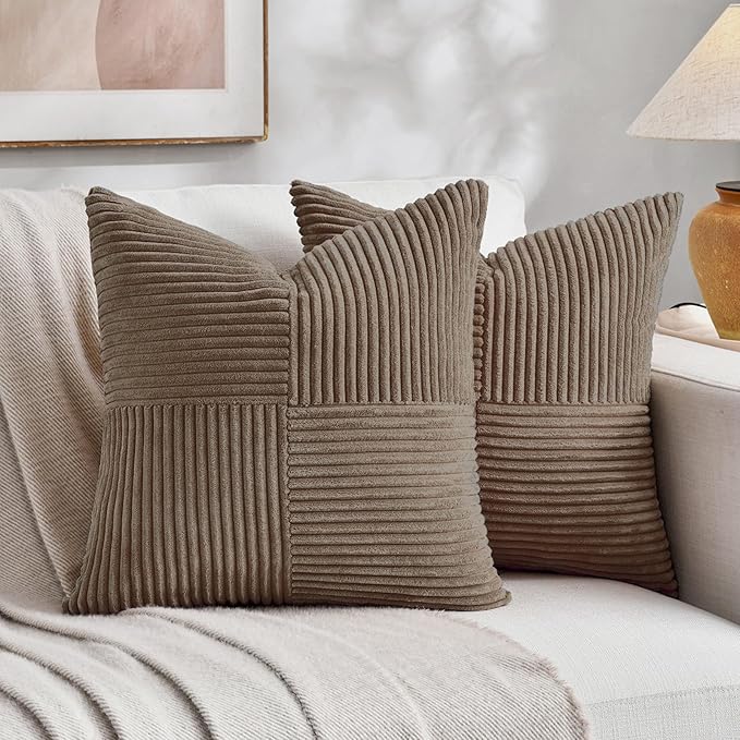 Fancy Homi Set of 2, Light Brown Patchwork Corduroy Decorative Soft Striped Modern Accent Cushion Case Farmhouse Boho Neutral Throw Pillow Covers for Chair Couch Bed Sofa Living Room 16x16 Inch