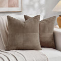Fancy Homi Set of 2, Light Brown Patchwork Corduroy Decorative Soft Striped Modern Accent Cushion Case Farmhouse Boho Neutral Throw Pillow Covers for Chair Couch Bed Sofa Living Room 16x16 Inch