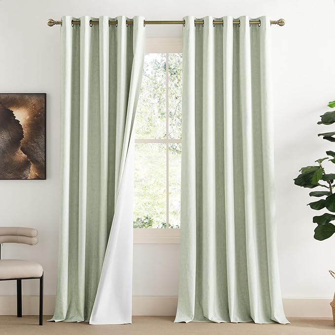 NICETOWN 100% Blackout Sage Green Linen Curtains 90" Length with Thermal Insulated Liners, 2 Panels, 62" W, Farmhouse Style Room Cooling Small Window Draperies for Dining Room
