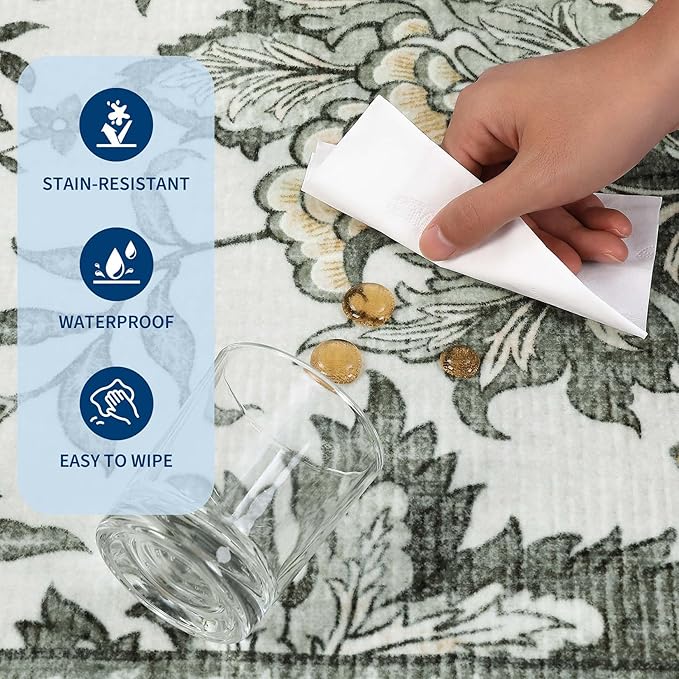 GarveeHome Provence Botanical Grove 4x6 Rug Vintage Cottagecore Soft Gray Fog Green 4x6 Washable Rug for Bedroom Living Room Nursery Kitchen Entryway Indoor Mat