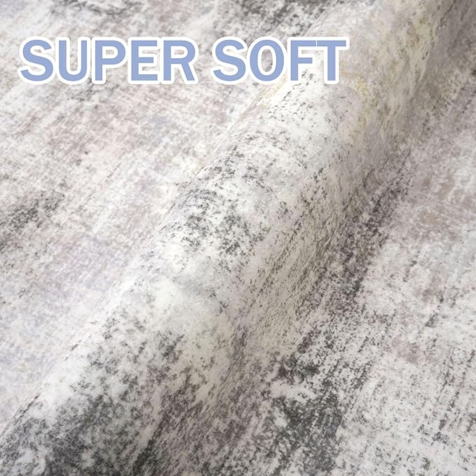 IOHOUZE Abstract Area Rug 4x6 Ft Washable Rugs for Entryway Indoor, Non Slip Small Living Room Rugs Printed Faux Wool Throw Rug, Floor Carpet for Kitchen Nursery Playroom, Grey Beige