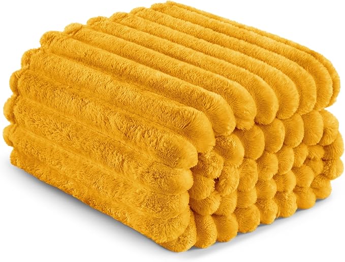 Exclusivo Mezcla Fleece Throw Blanket for Couch, Super Soft Striped Jacquard Bed Blanket, Lightweight Fuzzy Cozy for All Seasons, 50x60 Inches, Mustard Yellow