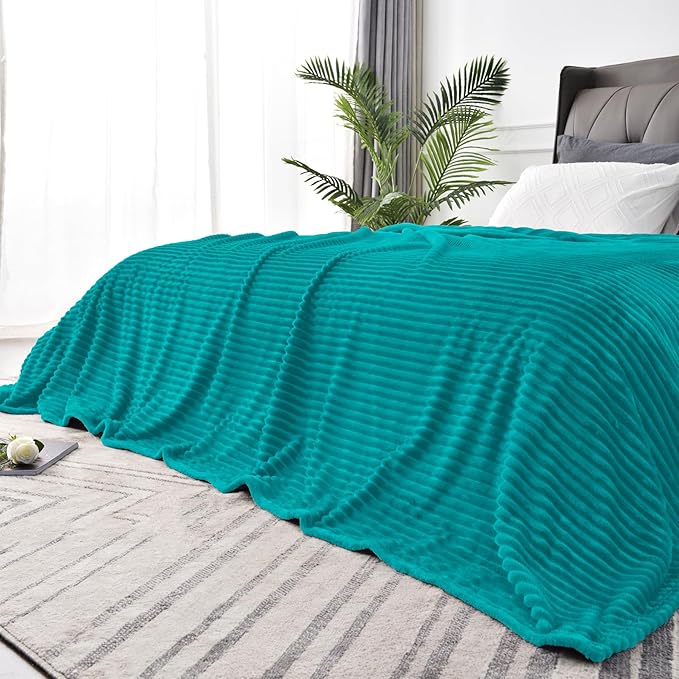 BEDELITE Fleece Blanket Queen Size – 3D Ribbed Jacquard Soft and Warm Decorative Fuzzy Blankets – Cozy, Fluffy, Plush Lightweight Throw Blankets for Couch, Bed, Sofa(Blue, 90x90 inches)