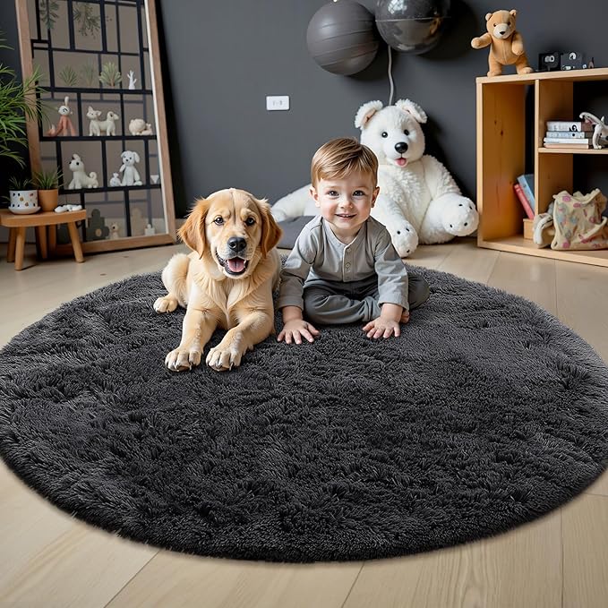OLANLY Black Round Rugs for Bedroom - Machine Washable, 7 ft Circle Area Rugs for Living Room, Soft and Fluffy Shaggy Carpet for Teen Girls and Boys, Nursery Rooms, Dorms, Home Decor Aesthetic