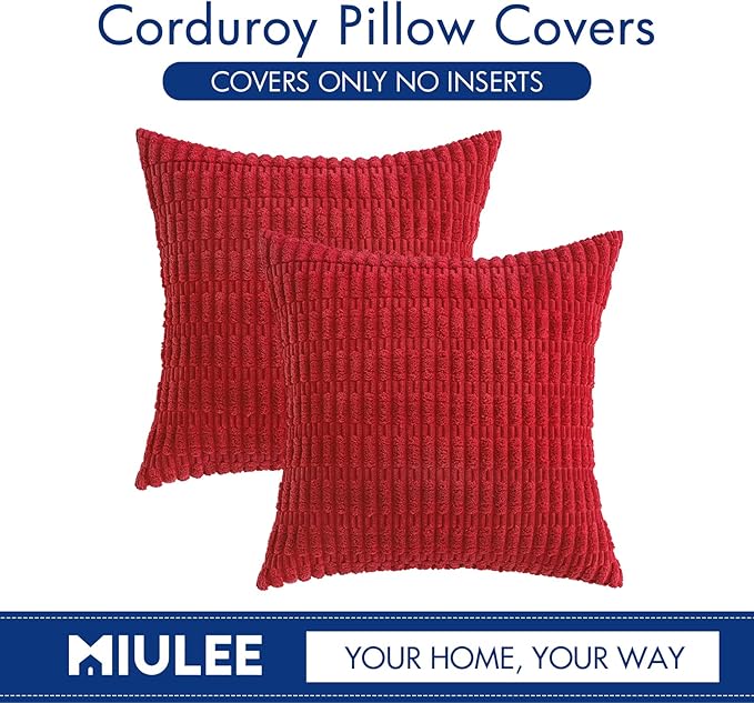 MIULEE Pack of 2 Red Corduroy Decorative Euro Sham Pillow Covers 24x24 Inch Soft Boho Striped Throw Pillow Covers Modern Farmhouse Home Decor for Sofa Living Room Couch Bed