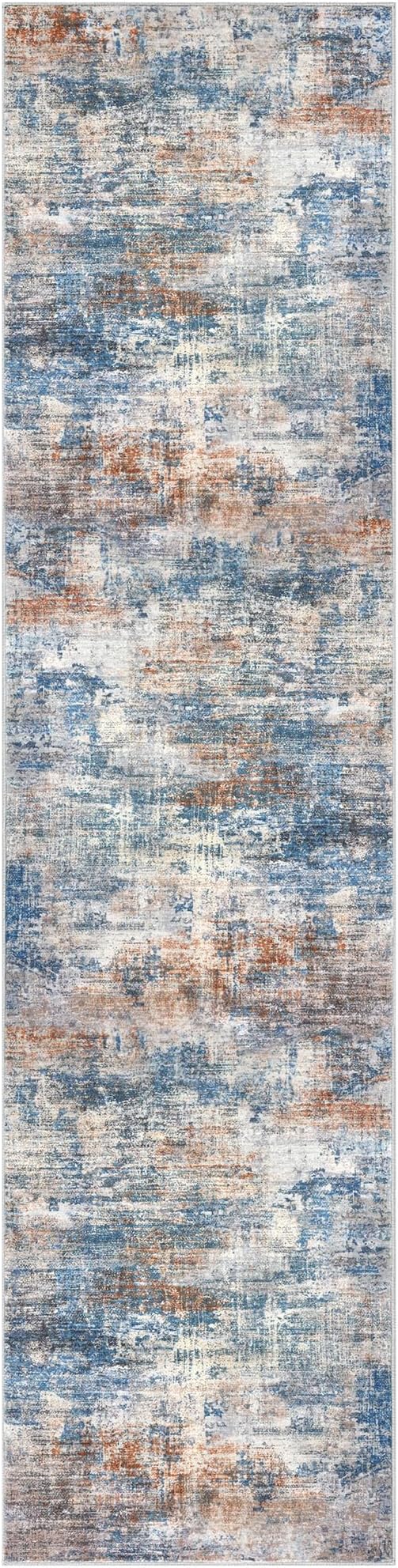 IOHOUZE Abstract Runner Rug 3x10 Ft Washable Runners for Hallways, Non Slip Kitchen Runner Printed Faux Wool Entryway Runner Indoor, Modern Abstract Floor Carpet for Hall Bedroom, Blue Rust