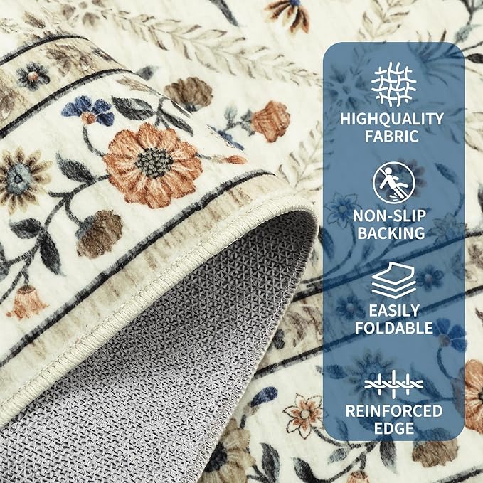 Washable Kitchen Runner 2x6 Non-Slip Floral Carpet Runner for Entryway Indoor Ultra Soft Stain Resistant Long Rugs Farmhouse Floor Mat for Hallways Laundry Bedroom Beige