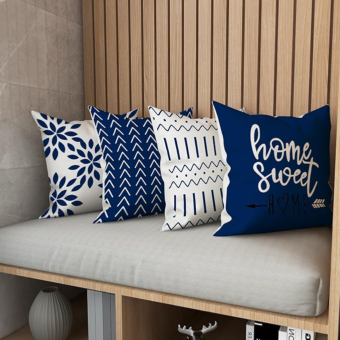 YCOLL Pillow Covers 22x22 Set of 4, Modern Sofa Throw Pillow Cover, Decorative Outdoor Linen Fabric Pillow Case for Chair Sofa Couch Bed Car, Dark Blue