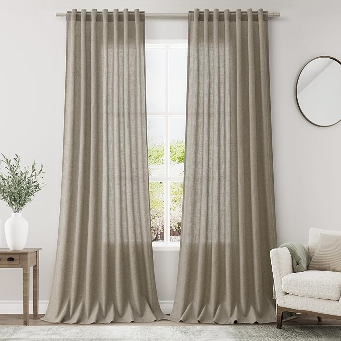 Extra Long Curtain 108 Inches Long 2 Panels Set Back Tab Mocha Linen Drapes for Living Room Neutral Farmhouse Light Filtering Semi Sheer Linen Curtains 108 Inch Length for Large Window 9 FT Tall