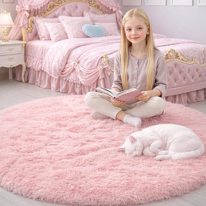 Amdrebio Pink Round Area Rugs 7Ft for Girls Bedroom Decor, Fluffy Large Circle Rug for Living Room, Kids Room, Teen, Fuzzy Plush Carpets for Baby Nursery, Dorm, Classroom, Big Indoor Kawaii Play Rug