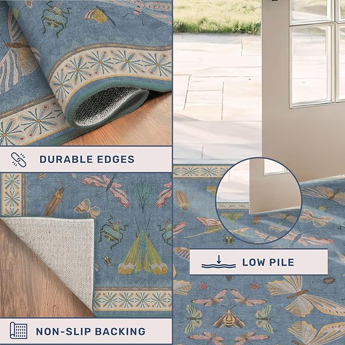 Hazo Haus Insect Light Blue Rug for Living Room - 9x12 Cute Rugs for Bedroom, Moth Floral Boho Design, Low Pile Stain Resistant Washable, Perfect for High Traffic Area