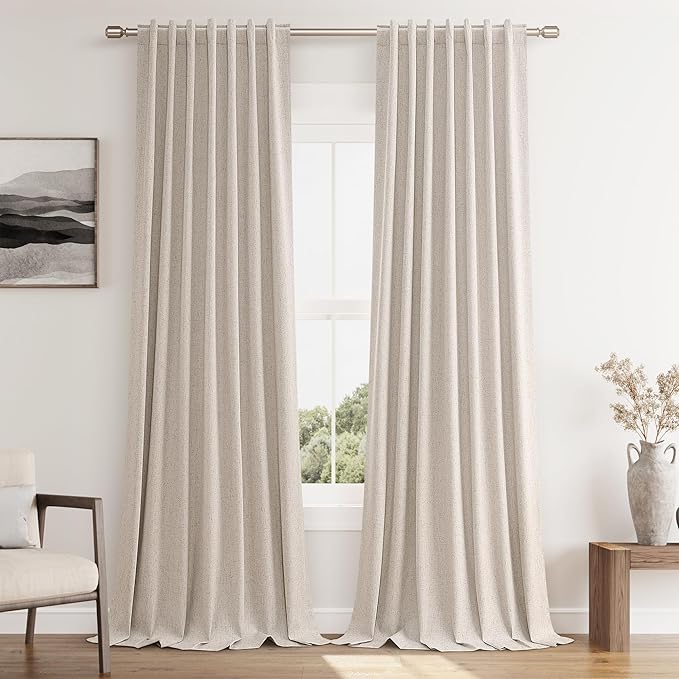 Guken Oatmeal 100% Blackout Curtains 96 Inch Length 2 Panels Set for Living Room Bedroom Back Tab Thermal Insulated Black Out Linen Drapes Room Darkening Window Curtains 96 Inches Long