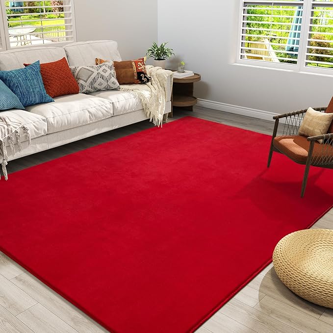 Amearea Large Modern Area Rugs for Bedroom Living Room, 5x8 Feet Red Thickened Memory Foam Rug, Fluffy Indoor Washable Rugs Non Slip Minimalist Carpet for Boys Girls Dorm Nursery Room Decor