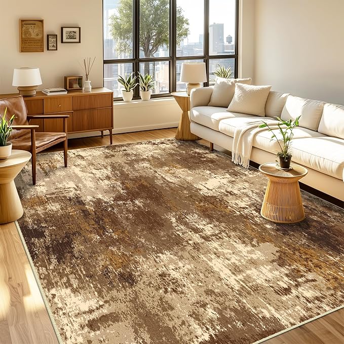 Washable Area Rugs 2'x6' Non-Slip Modern Abstract Soft for Living Room Entryway Bedroom Nursery, Print Pattern, Brown Tan Beige Coffee
