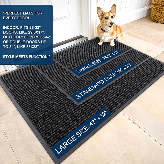 OLANLY Front Door Mat Indoor Outdoor Entrance, Waterproof Heavy Duty Doormat, Fade Resistant, Low Profile, Easy Clean Patio Porch Welcome Floor Mats for Entry, 47x23, Off-Black