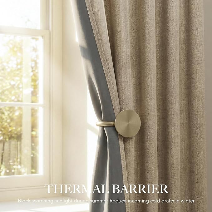 RYB HOME Linen Textured 100% Blackout Curtains for Bedroom, Insulating Energy Saving Window Curtains for Living Room Dining Patio Sliding Glass Door, Wide 52 x Long 90 inch, Burlap, 2 Panels