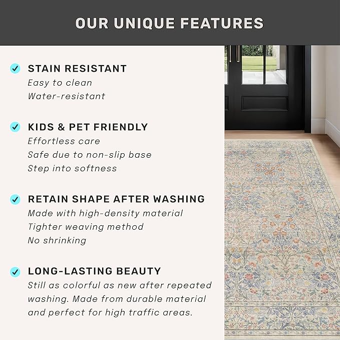 Hazo Haus Washable Bathroom Runner Rug 2x5, Non Slip Runner for Laundry Room, Bathroom Sink Mat - Vintage Pastel Beige Blue Throw Rug, Ultra Soft Low Pile Stain Resistant