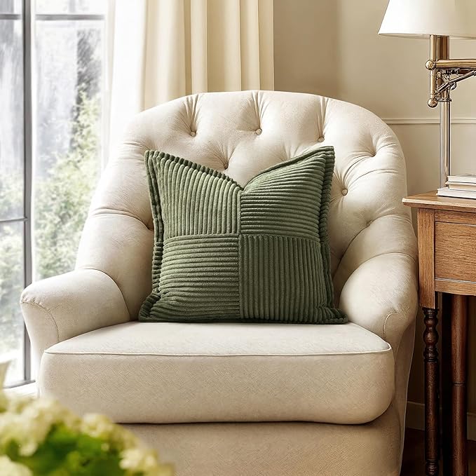 MIULEE Spring Decorative Throw Pillow Covers for Couch Bed Livingroom 18x18 Inch Set of 2 Olive Green Boho Accent Throw Pllows Broadside Striped Patchwork Soft Corduroy Summer Pillowcases