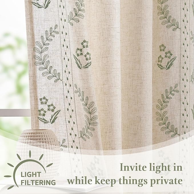 jinchan Belrose Linen Floral Cafe Curtains 54 Inch Length Embroidered Farmhouse Curtains for Kitchen Bedroom Bathroom Small Windows Curtain Set Light Filtering 2 Panels Sage Green