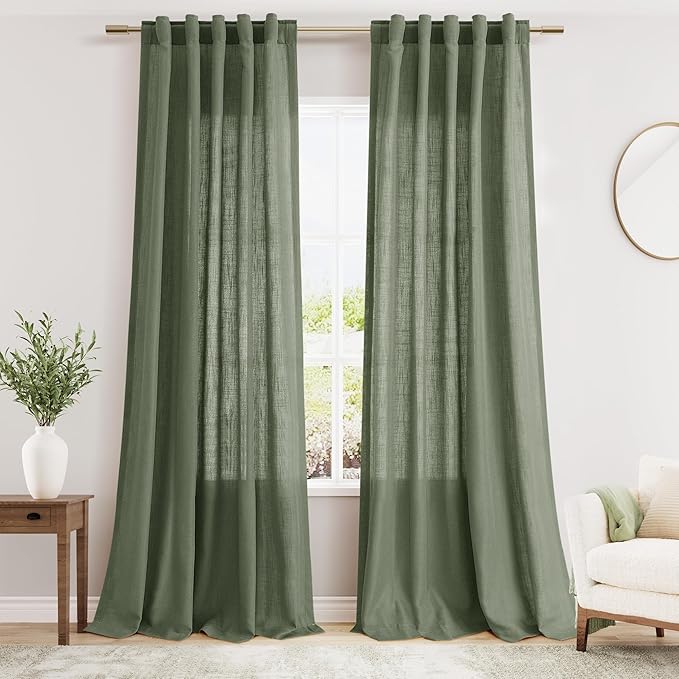 Nanspring Olive Green Boho Curtains for Bedroom Back Tab Rod Pocket Semi Sheer Linen Curtains 90 Inches Long 2 Panel Set Light Filtering Neutral Farmhouse Lightweight Drapes for Living Room 40x90