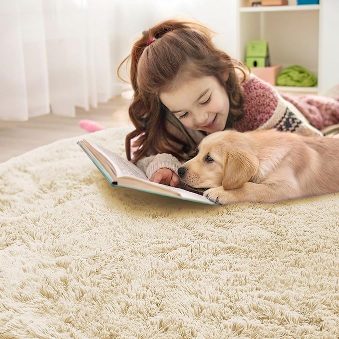 OLANLY Cream Round Rugs for Bedroom - Machine Washable, 9 ft Circle Area Rugs for Living Room, Soft and Fluffy Shaggy Carpet for Teen Girl and Boys, Nursery Rooms, Dorms, Home Decor Aesthetic