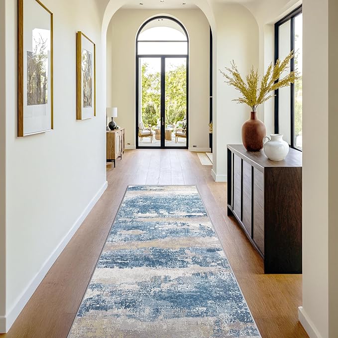 Runner Rug for Hallway Kitchen 2x6 Machine Washable Runners Rug for Entryway, Blue Cream Soft Modern Abstract Throw Rugs, Floor Carpet with Non Slip Rubber Backing