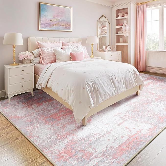 Washable Area Rugs 5'x8' Non-Slip Modern Abstract Soft for Living Room Entryway Bedroom Nursery, Print Pattern, Grey Pink
