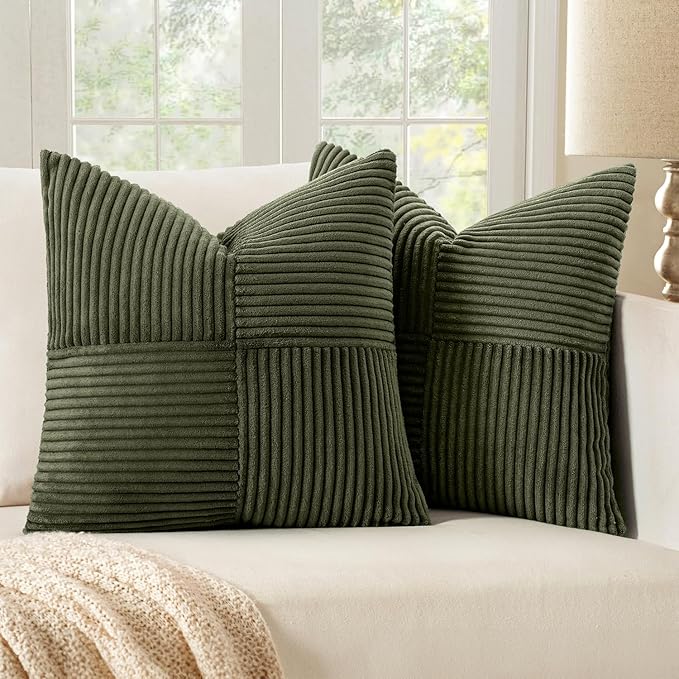MIULEE Olive Green Decorative Throw Pillow Covers 18x18 Inch for Couch Bed Sofa Spring Decor Pack of 2 Boho Farmhouse Throw Pillows Soft Cross Corduroy Patchwork Textured Cushion Cases
