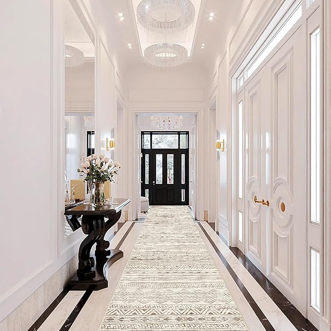 Moroccan Washable Hallway Runner Rug - 2'6"x12' Non Slip Floor Mat for Kitchen Low Pile Living Room Carpet with Rubber Backing Bedroom Rugs for Entryway 2'6"x12' Beige