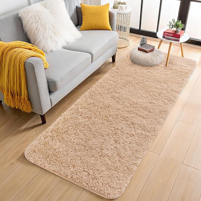 OLANLY 2x11 Machine Washable Runner Rugs for Hallway, Soft Fluffy Shaggy Bedside Rugs for Bedroom, Living Room, Indoor Floor Carpet for Kids Girls and Boys, Nursery Rooms, Home Decor Aesthetic, Beige