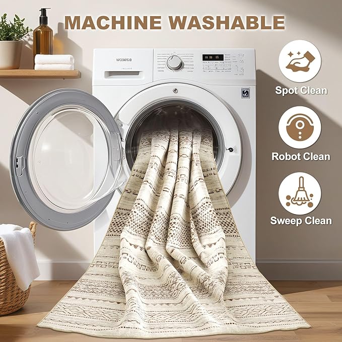 Nakagishi Area Rug Living Room Rugs: 5x7 Machine Washable Boho Large Neutral Farmhouse Stain Resistant Moroccan Indoor Floor Carpet for Bedroom Nursery Dorm Classroom Playroom Dining Room Home- Brown