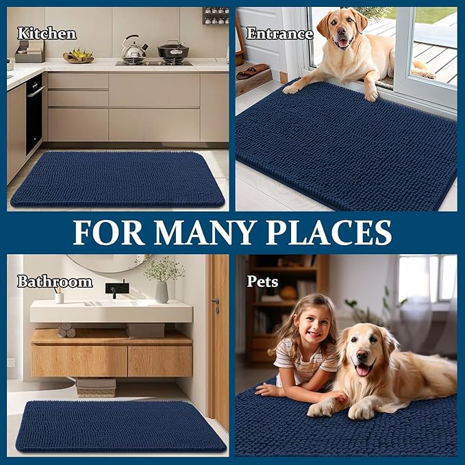 OLANLY Dog Door Mat for Muddy Paws 59x24, Absorbs Moisture and Dirt, Absorbent Non-Slip Washable Doormat, Quick Dry Chenille Mud Mat for Dogs, Entry Indoor Entryway Carpet for Inside Floor, Dark Blue