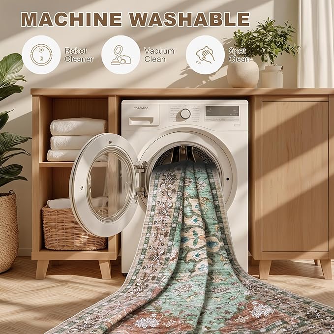 Area Rugs 10x14 Living Room Rug: Washable Rug Soft Vintage Distressed Floral Carpet Indoor Non-Slip Stain Resistant Large Carpets for Bedroom Dining Room Farmhouse Nursery Home Office Brown Green