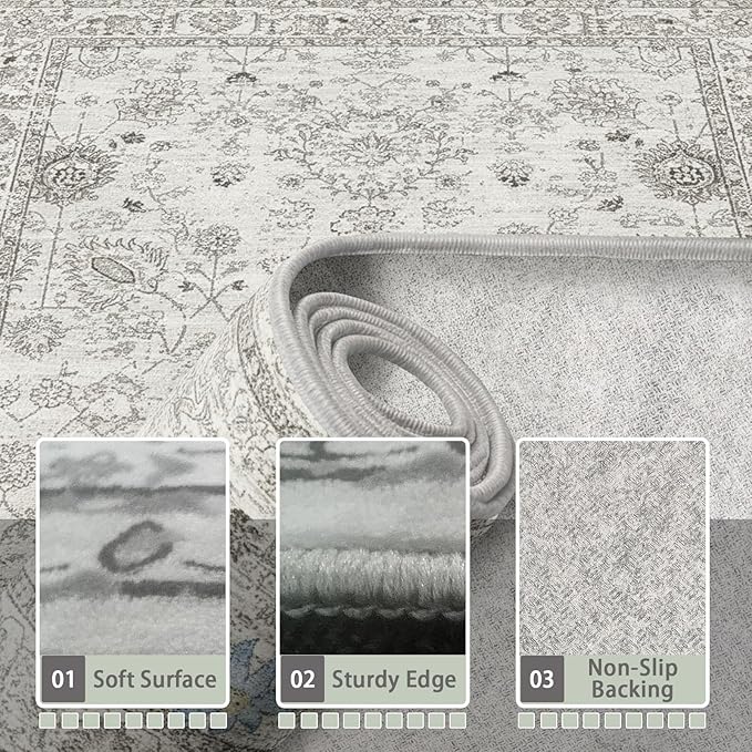 Floral Machine Washable Rug Grey White, 3x5 Rug Non Slip Soft Bedroom Rugs for Entryway Dorm, Ultra-Thin Rugs for Bedroom Stain Resistan(3 x 5, Grey White)