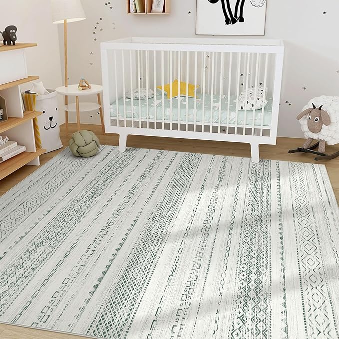 Nakagishi Green Rug Living Room Rugs: 8x10 Washable Boho Large Neutral Soft Farmhouse Stain Resistant Modern Non Slip Indoor Floor Carpet for Bedroom Nursery Kids Playroom Office Dining Room Home