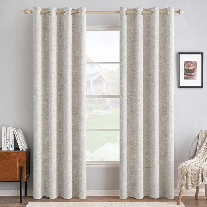 MIULEE 100% Blackout Linen Textured Curtains for Bedroom Solid Thermal Insulated Cream White Grommet Room Darkening Curtains & Drapes Luxury Decor for Living Room Nursery 52 x 84 Inch (2 Panels)
