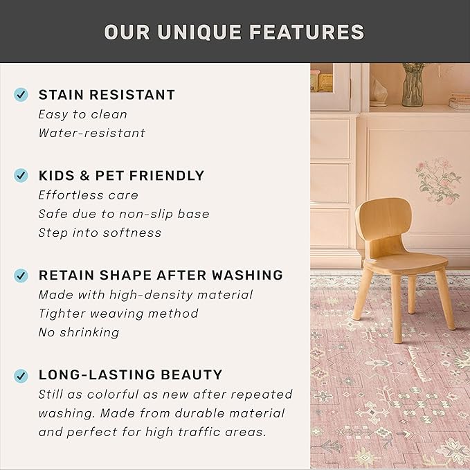 Blush Pink Girls Rugs for Bedroom - Nursery Floral Area Rug 5x7, Machine Washable Non Slip Kids Playroom Play Mat, Vintage Thin Low Pile Carpet for Living Room, Dorm