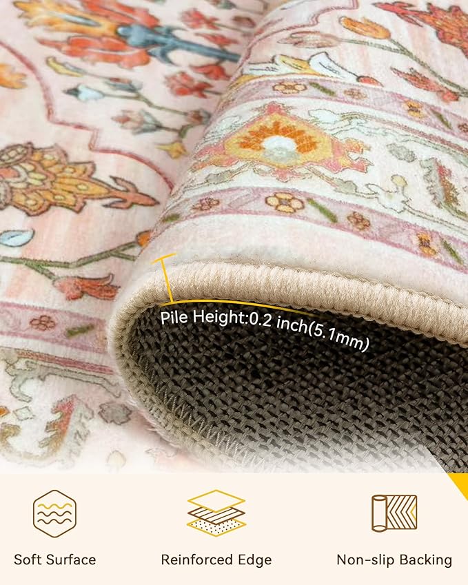 RELEANY Area Rugs 6'x9' Washable Non-Slip, Floral Vintage Distress Print Pattern Medallion Carpet for Living Room Bedroom Dining Room, Light Pink Colorful