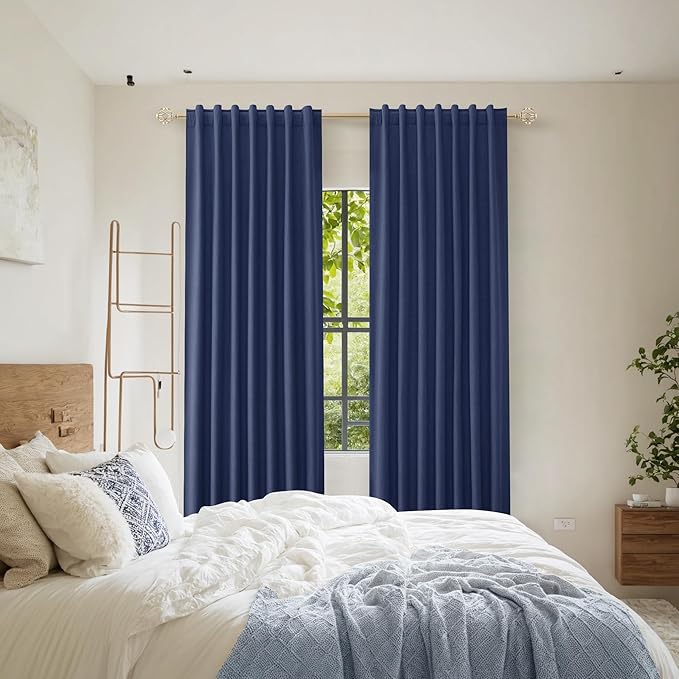 Guken 100% Blackout Curtains 100 Inch Length 2 Panels Set for Living Room Bedroom Back Tab Thermal Insulated Black Out Linen Drapes Room Darkening Window Curtains 100 Inches Long,Classic Blue