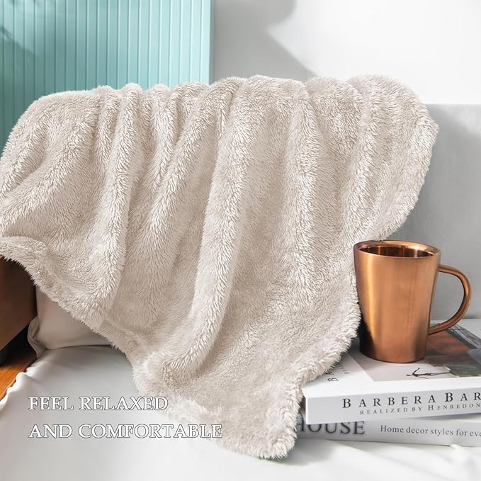 Exclusivo Mezcla Plush Fuzzy Fleece Bed Blanket Twin Size, Super Soft, Fluffy and Warm Blankets for Couch, Bed, All Season (Beige, 90x66 inches)