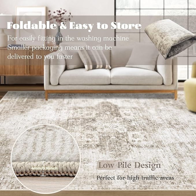 Area Rug 8x10 Washable Rug, Vintage Boho Medallion Rugs Non-Slip Soft Low Pile Large Distressed Rug Indoor Retro Carpet for Living Room Bedroom Dining Room Home Office (Taupe, 8'x10')