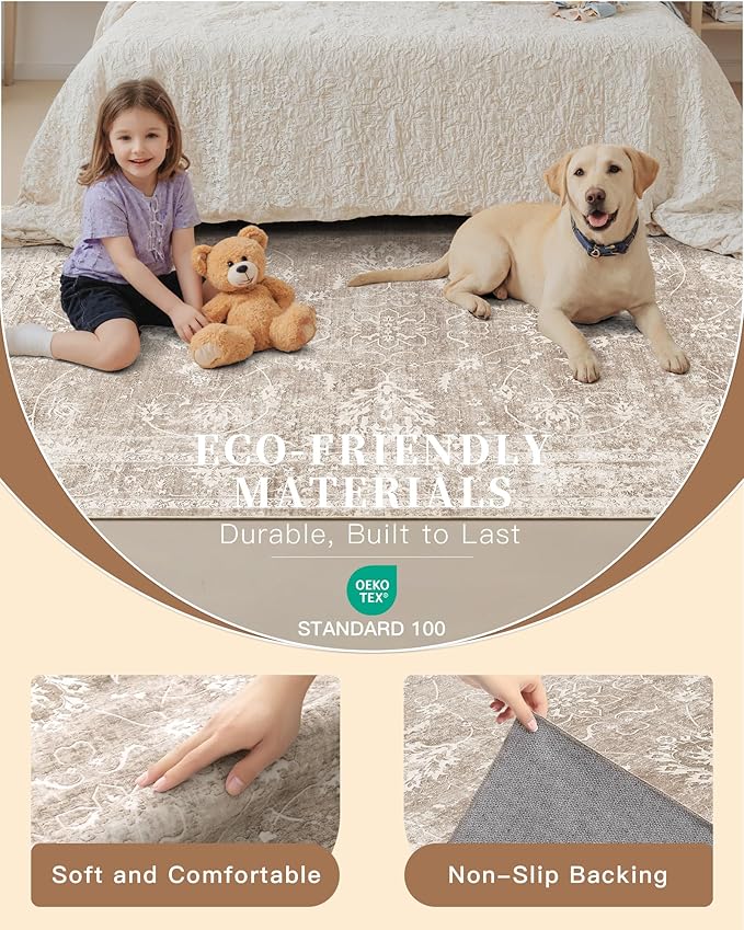 Madane Washable Area Rug 4x6, Low Pile Stain Resistant Vintage Area Rugs, Non Slip Accent Rug Floral Print Indoor Mat for Entryway Living Room Kitchen Bedroom, Brown/Sand
