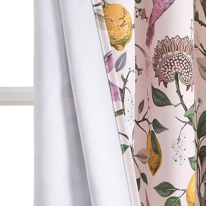 Topfinel Pink Blackout Window Curtains 72 Inch Length 2 Panels for Girls Bedroom, Spring Light Pink Cute Fancy Cottage Core Princess Floral Hummingbird Patterned Grommet Blush Pink Curtains Nursery