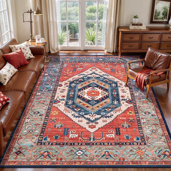 SERISSA Area Rug 4x6 Boho Rugs for Bedroom, Washable Non-Slip Living Room Rugs, Ultra Soft Vintage Print Distressed Rust Rug Low-Pile Throw Carpet for Entry Bedroom Nursery Kitchen Dorm Decor